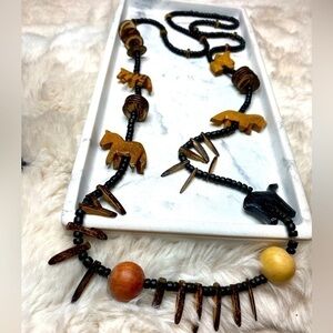 Animal Safari Wood Fetish Long Necklace with Zebra, Horse, Camel, Lion, & Rhino